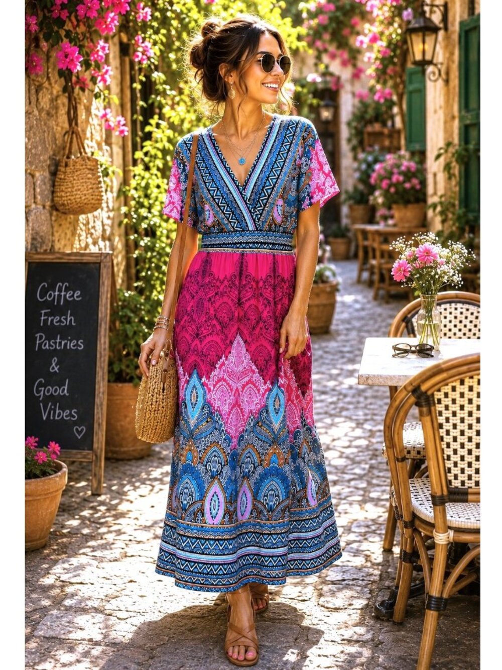 Boho Paisley Maxi Dress Pink Turquoise V-Neck Festival Resort Summer Dress Sz L - Picture 2 of 12